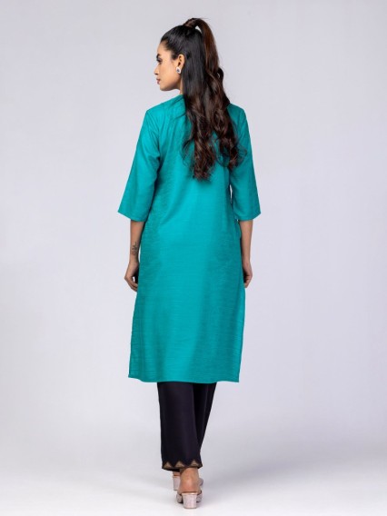 Teal Embroidered Viscose-Cotton Panjabi