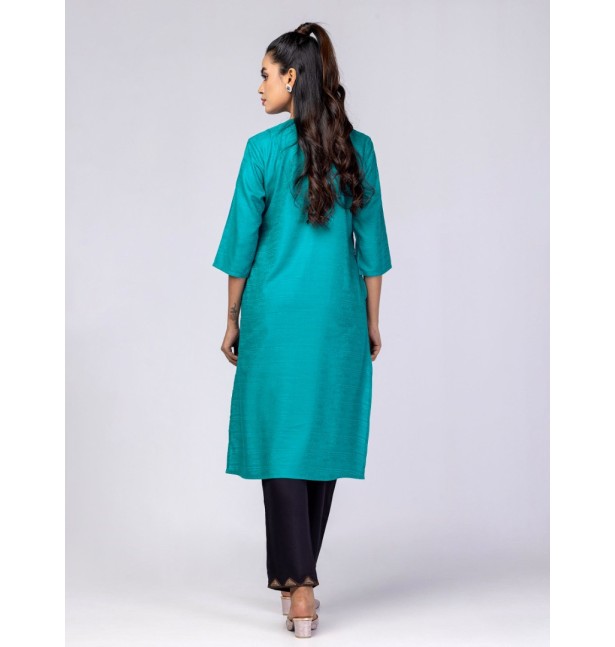 Teal Embroidered Viscose-Cotton Panjabi