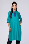 Teal Embroidered Viscose-Cotton Panjabi