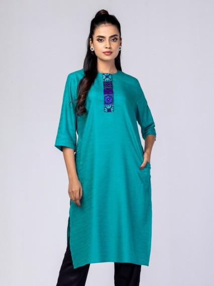 Teal Embroidered Viscose-Cotton Panjabi
