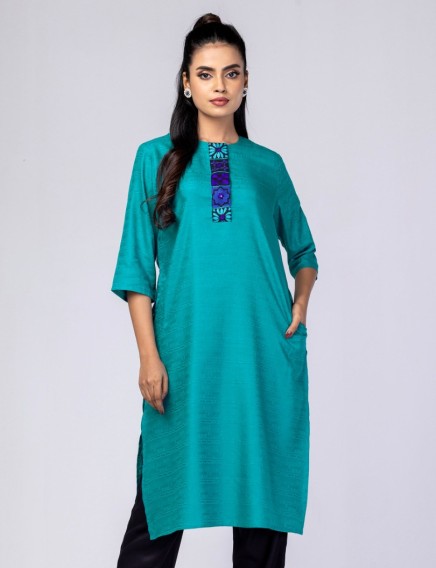 Teal Embroidered Viscose-Cotton Panjabi