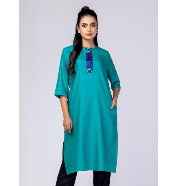Teal Embroidered Viscose-Cotton Panjabi